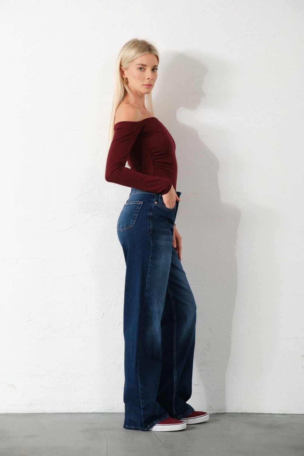 Domoda Üksek Bel, Esnek Denim Kumaş Geniş Paça Palazzo Kadın Kot Jean Pantolon @cesena görsel 4