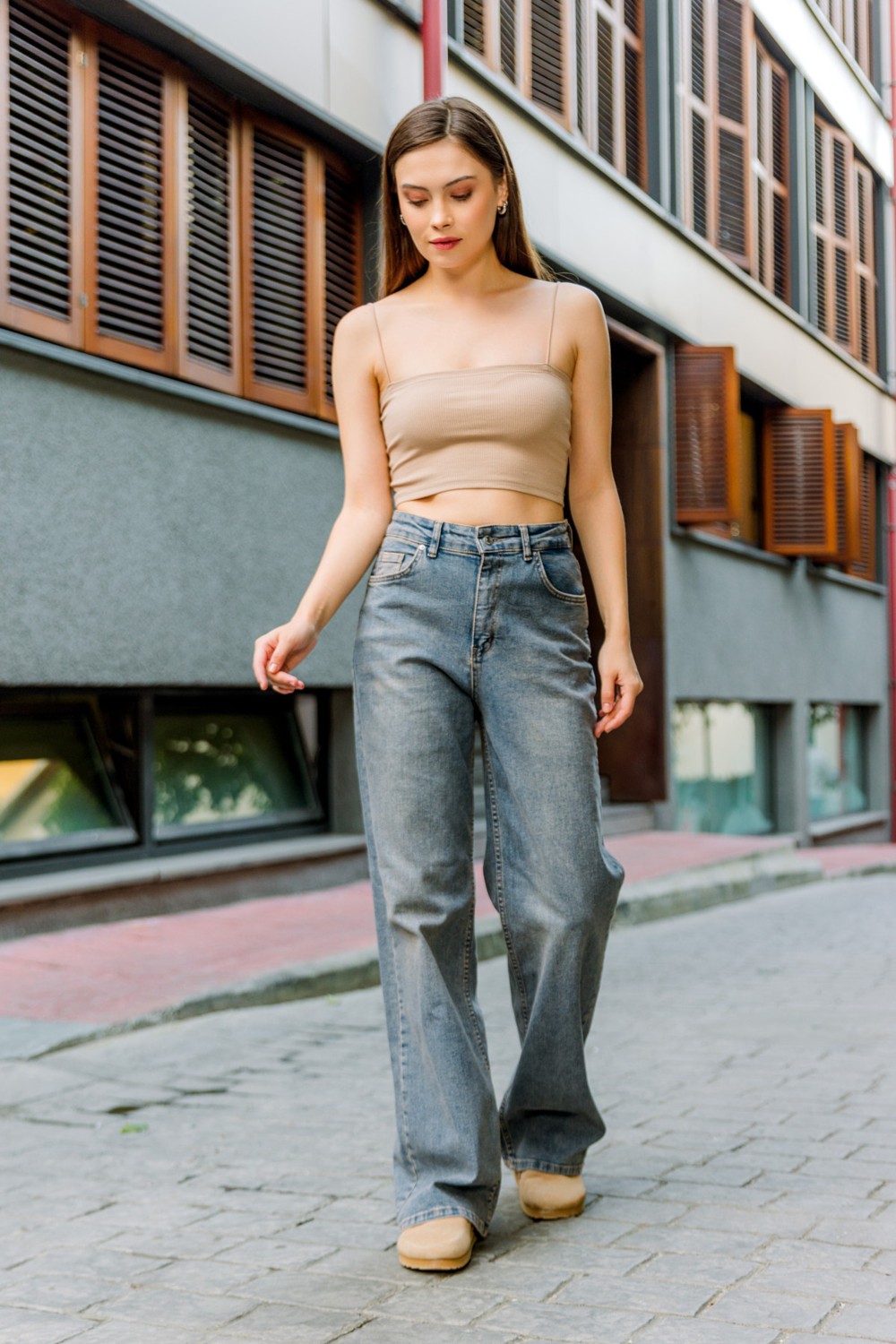 Domoda Üksek Bel, Esnek Denim Kumaş Geniş Paça Palazzo Kadın Kot Jean Pantolon @cesena görsel 6