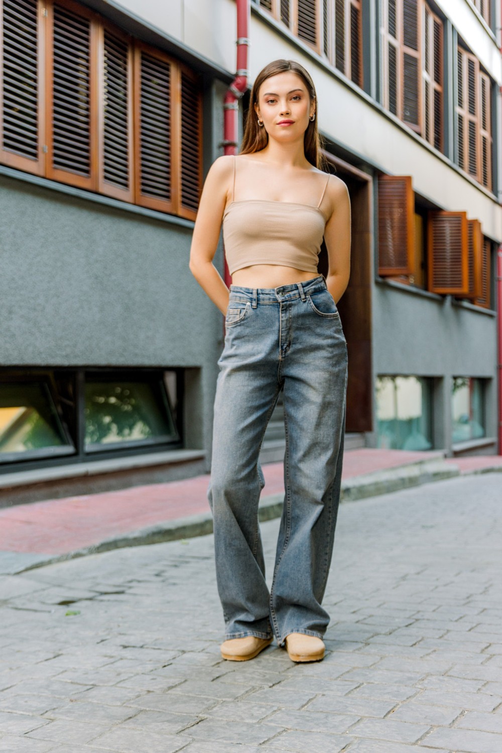 Domoda Üksek Bel, Esnek Denim Kumaş Geniş Paça Palazzo Kadın Kot Jean Pantolon @cesena görsel 8