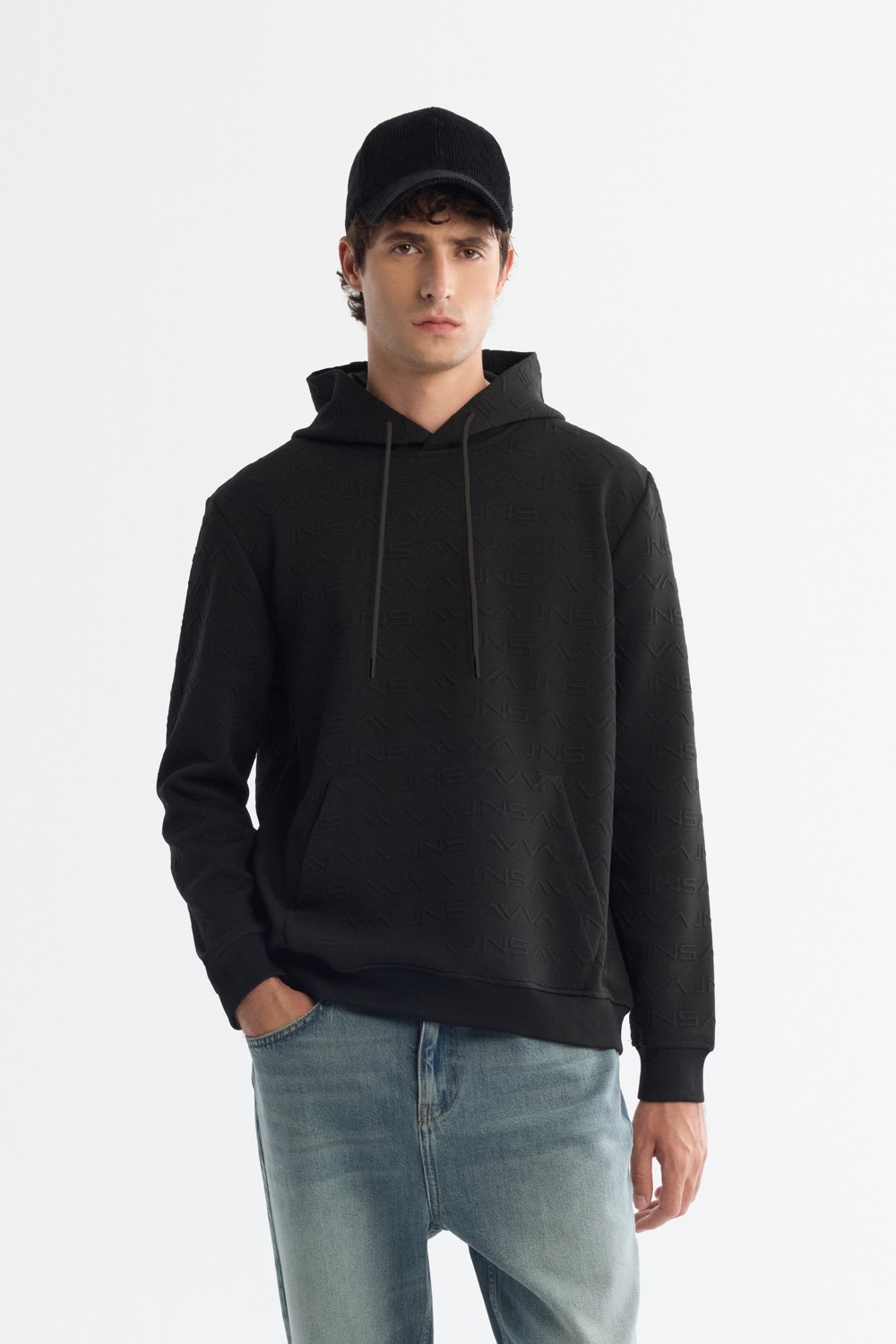 AVVA Erkek Siyah Kapüşonlu Baskılı Elastan Regular Fit Sweatshirt A42Y1332