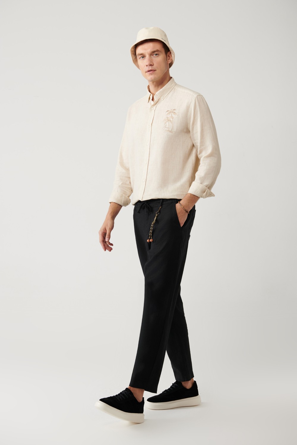 AVVA Erkek Siyah Beli Lastikli %100 Keten Relaxed Fit Pantolon B003032 görsel 2