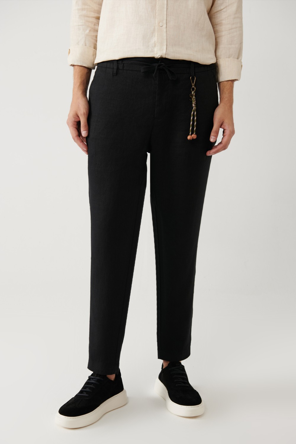 AVVA Erkek Siyah Beli Lastikli %100 Keten Relaxed Fit Pantolon B003032 görsel 3