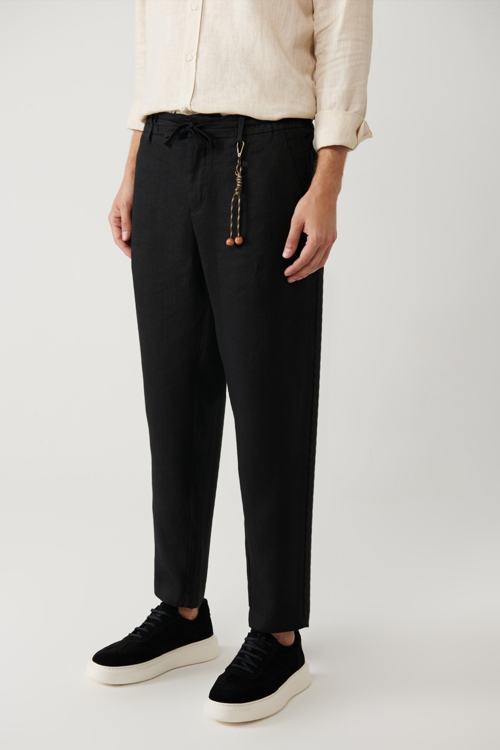 AVVA Erkek Siyah Beli Lastikli %100 Keten Relaxed Fit Pantolon B003032 görsel 4