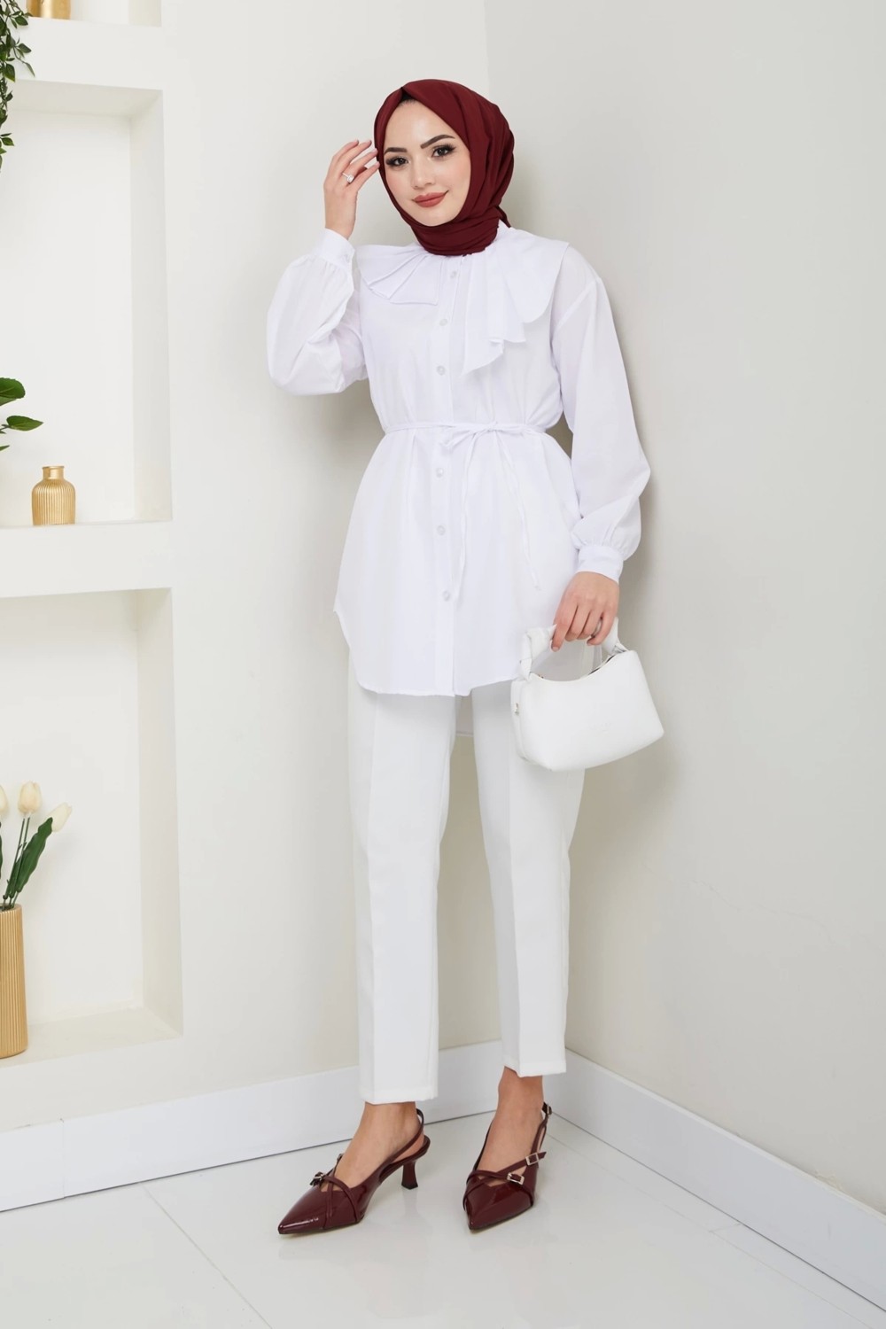 Nevayla Moda Tasarım Detay Bağlamalı Gömlek - Beyaz / Ü102