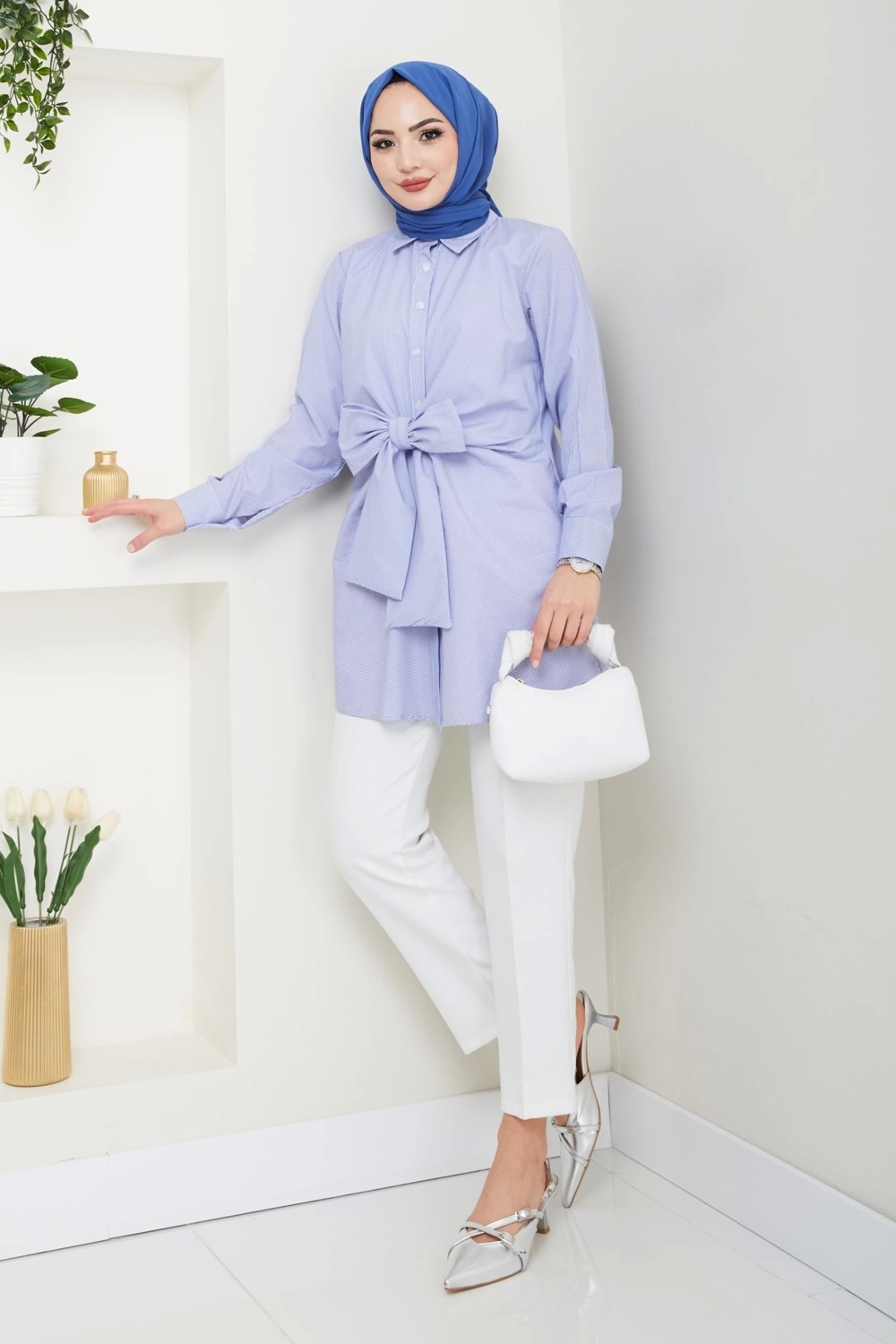 Nevayla Moda Çizgili Poplin Bağlamalı Gömlek - Mavi / Ü103