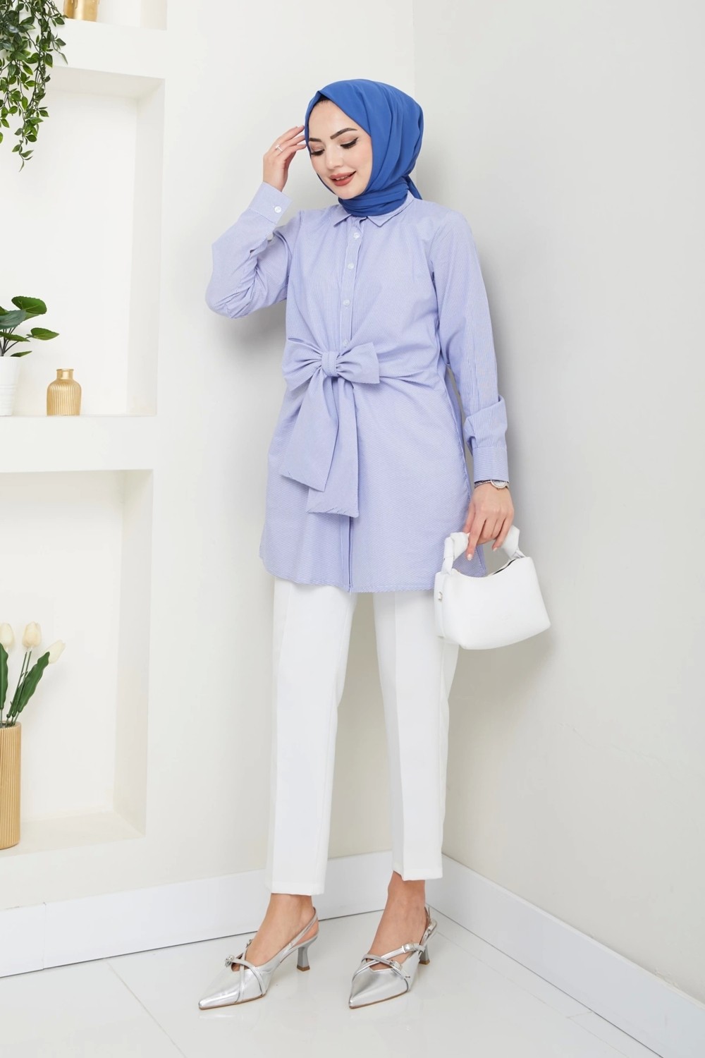 Nevayla Moda Çizgili Poplin Bağlamalı Gömlek - Mavi / Ü103 görsel 2