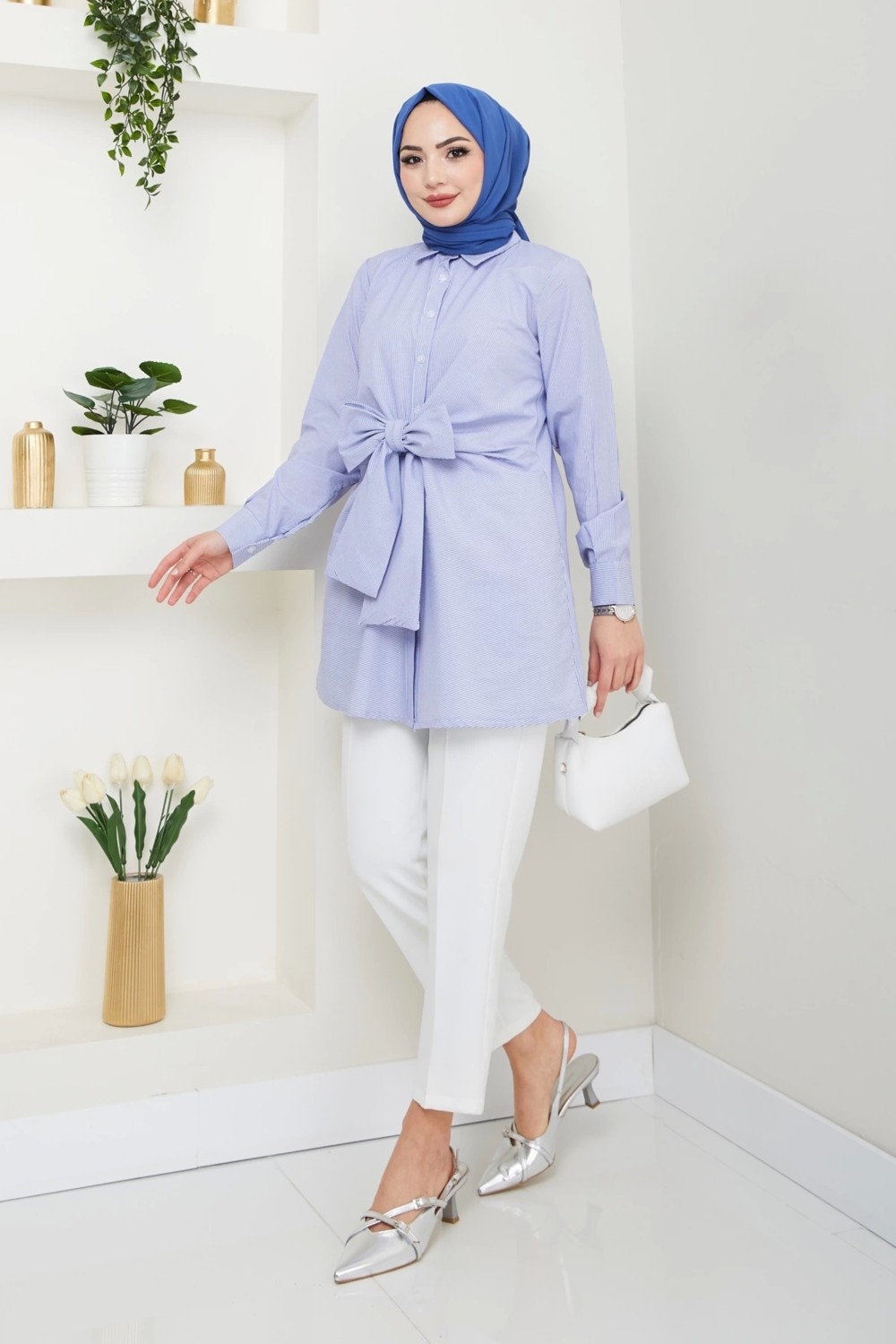Nevayla Moda Çizgili Poplin Bağlamalı Gömlek - Mavi / Ü103 görsel 3