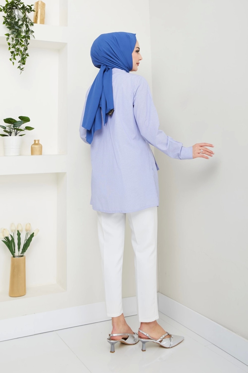 Nevayla Moda Çizgili Poplin Bağlamalı Gömlek - Mavi / Ü103 görsel 4