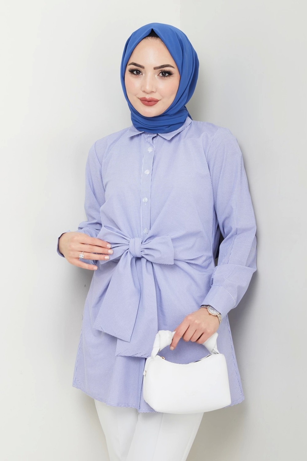 Nevayla Moda Çizgili Poplin Bağlamalı Gömlek - Mavi / Ü103 görsel 5