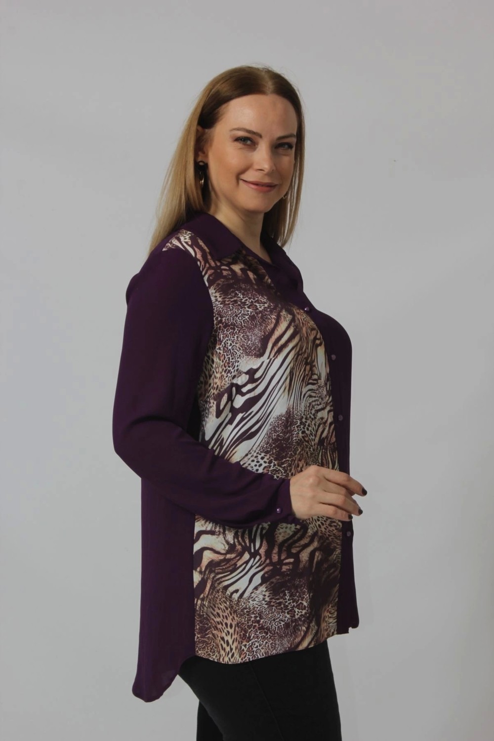 Moda Berray 2320 Leopar Desenli Şifon Gömlek görsel 2