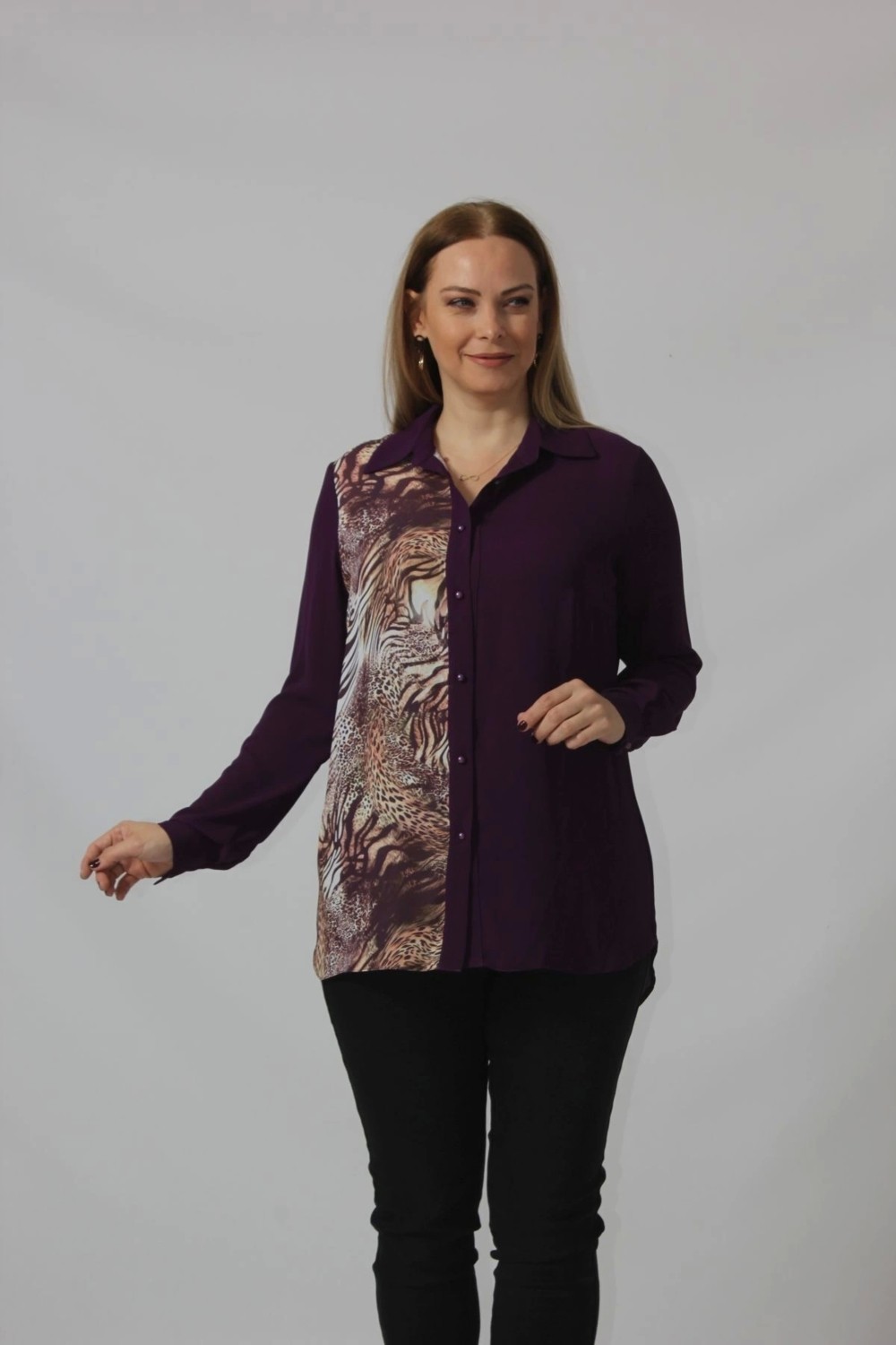 Moda Berray 2320 Leopar Desenli Şifon Gömlek görsel 5