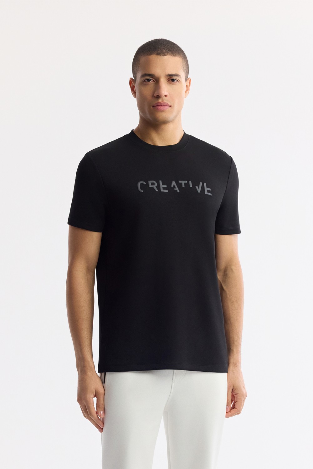 AVVA Erkek Pudra Bisiklet Yaka Baskılı Bi-Stretch İnterlok Regular Fit T-Shirt A51Y1131