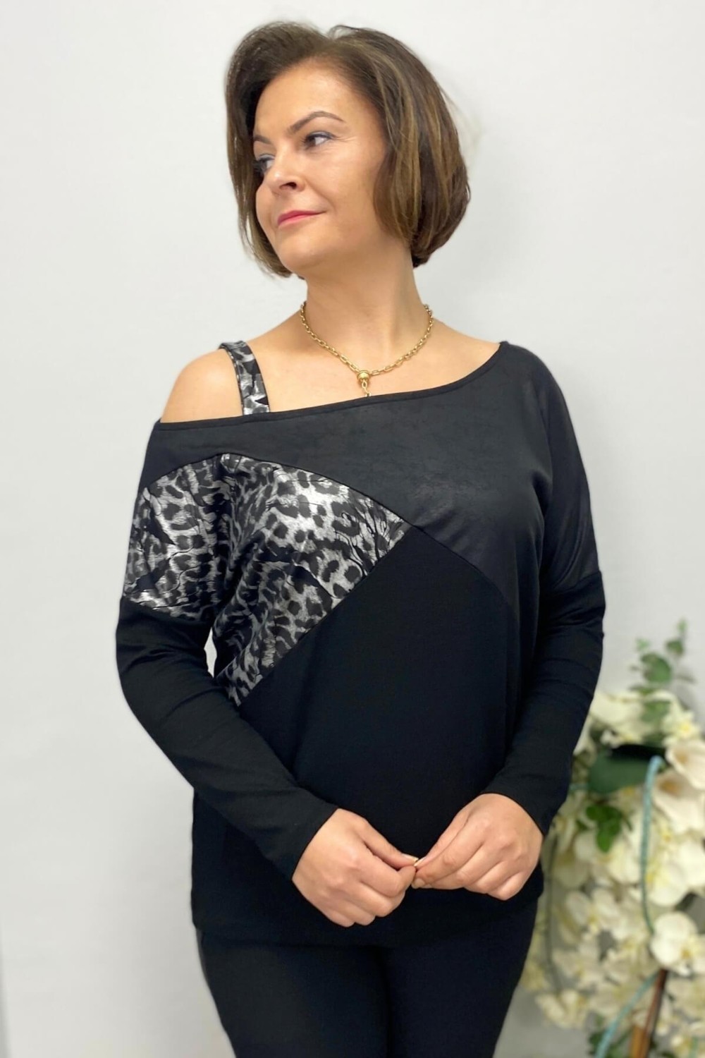 Mia Butik Büyük Beden Siyah Tek Omuz Leopar Detaylı Bluz görsel 2