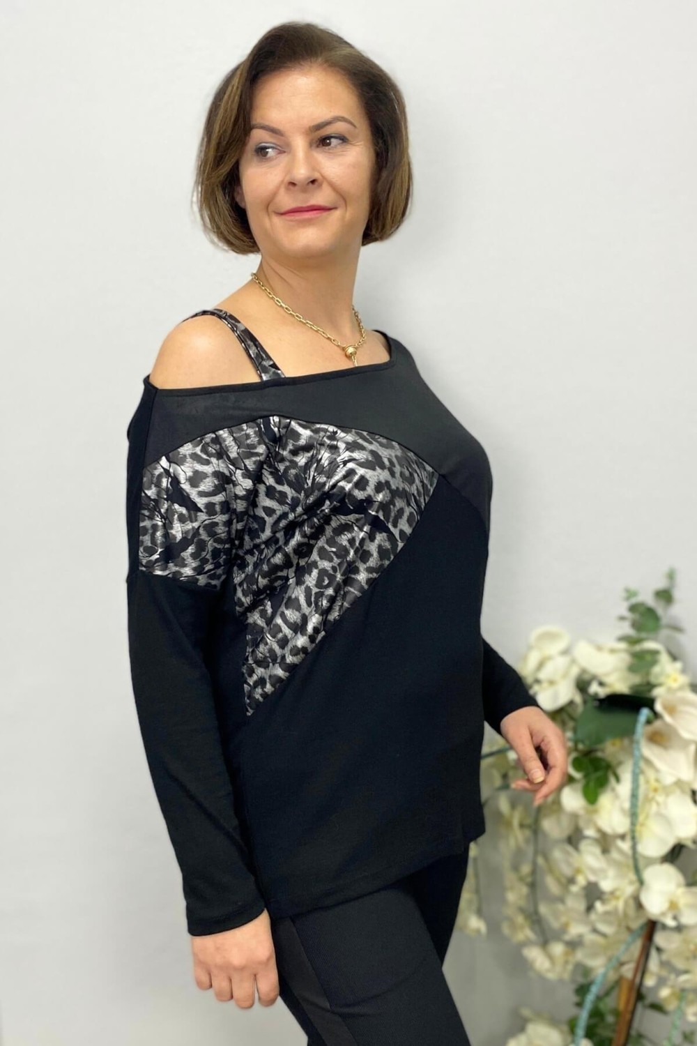 Mia Butik Büyük Beden Siyah Tek Omuz Leopar Detaylı Bluz görsel 3