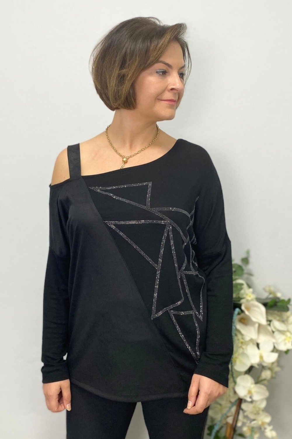 Mia Butik Kadın Siyah Tek Omuz Asimetrik Taş Detaylı Bluz