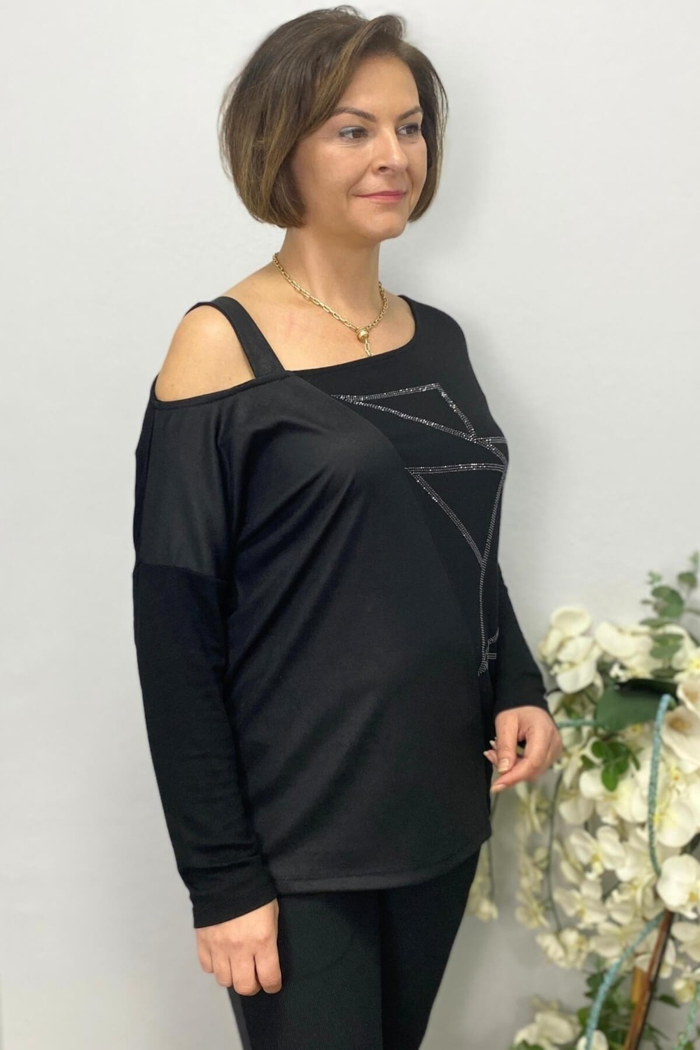 Mia Butik Kadın Siyah Tek Omuz Asimetrik Taş Detaylı Bluz görsel 2