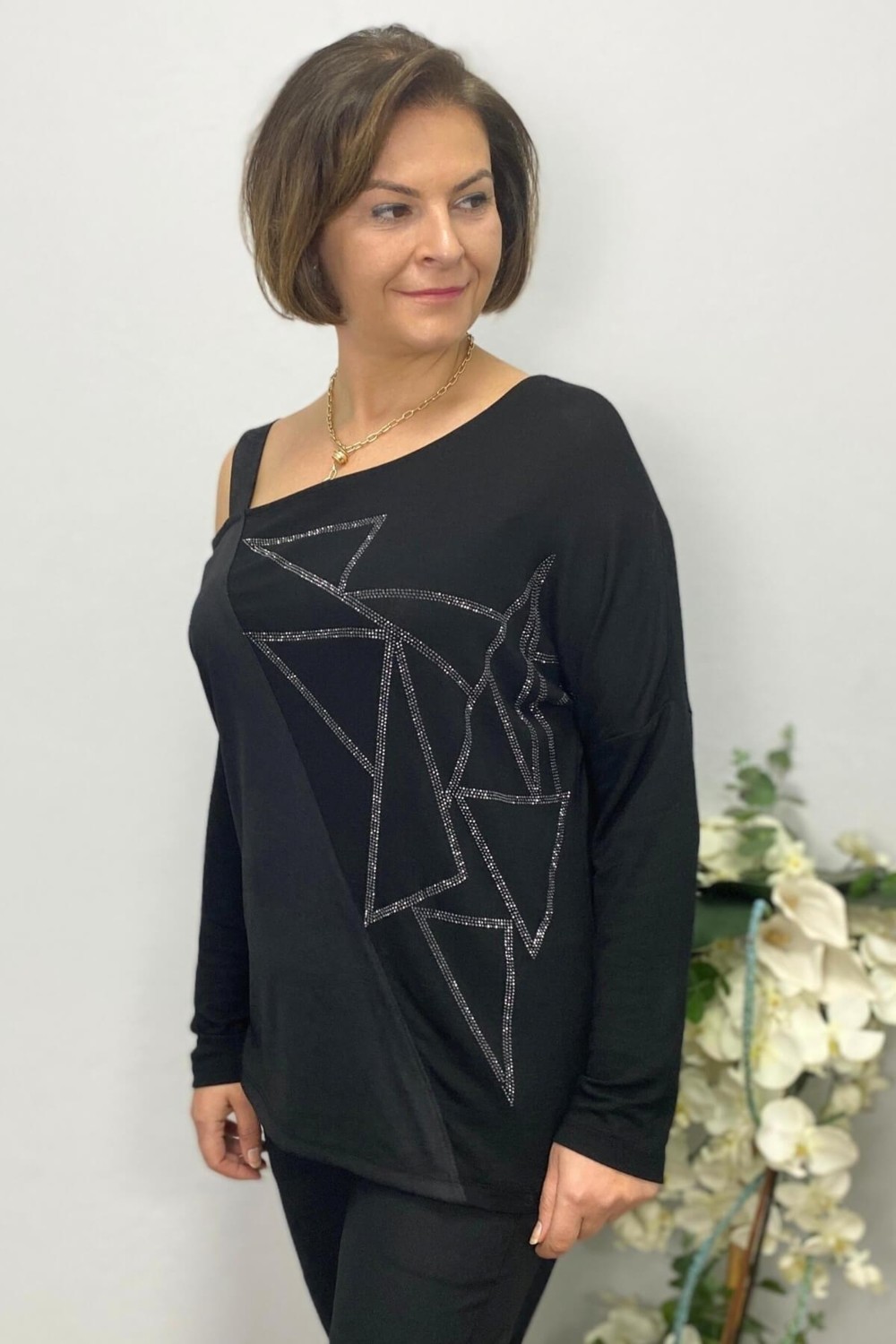 Mia Butik Kadın Siyah Tek Omuz Asimetrik Taş Detaylı Bluz görsel 3