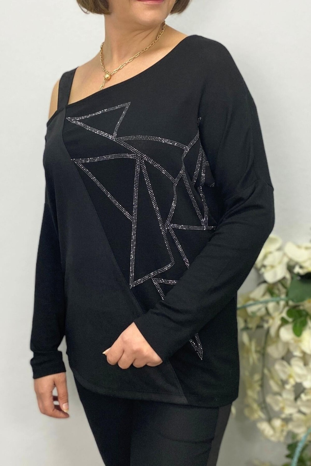 Mia Butik Kadın Siyah Tek Omuz Asimetrik Taş Detaylı Bluz görsel 4