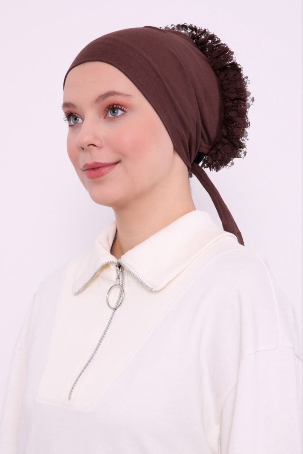 Melodi Scarf Kadın Tesettür Fırfırlı Dikişli Penye Bone Kahverengi