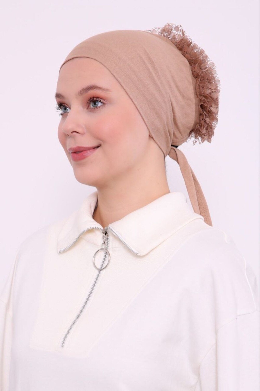 Melodi Scarf Kadın Tesettür Fırfırlı Dikişli Penye Bone Kahverengi görsel 2