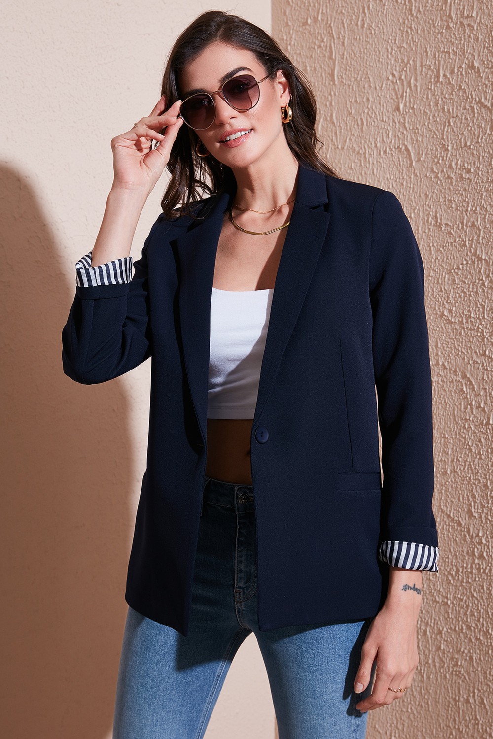 Lela Kadın Blazer Ceket Standart Fit Lacivert Mono Yaka Desenli Astar Detaylı Polyester 6524003