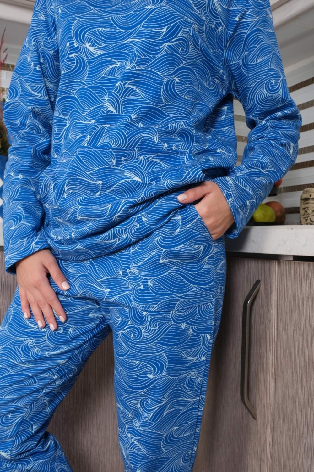 Angelino Butik Angelino Kadın Pamuk Kapşonlu Cepli 3 Iplik Saks Eşofman Takım 9037 görsel 2