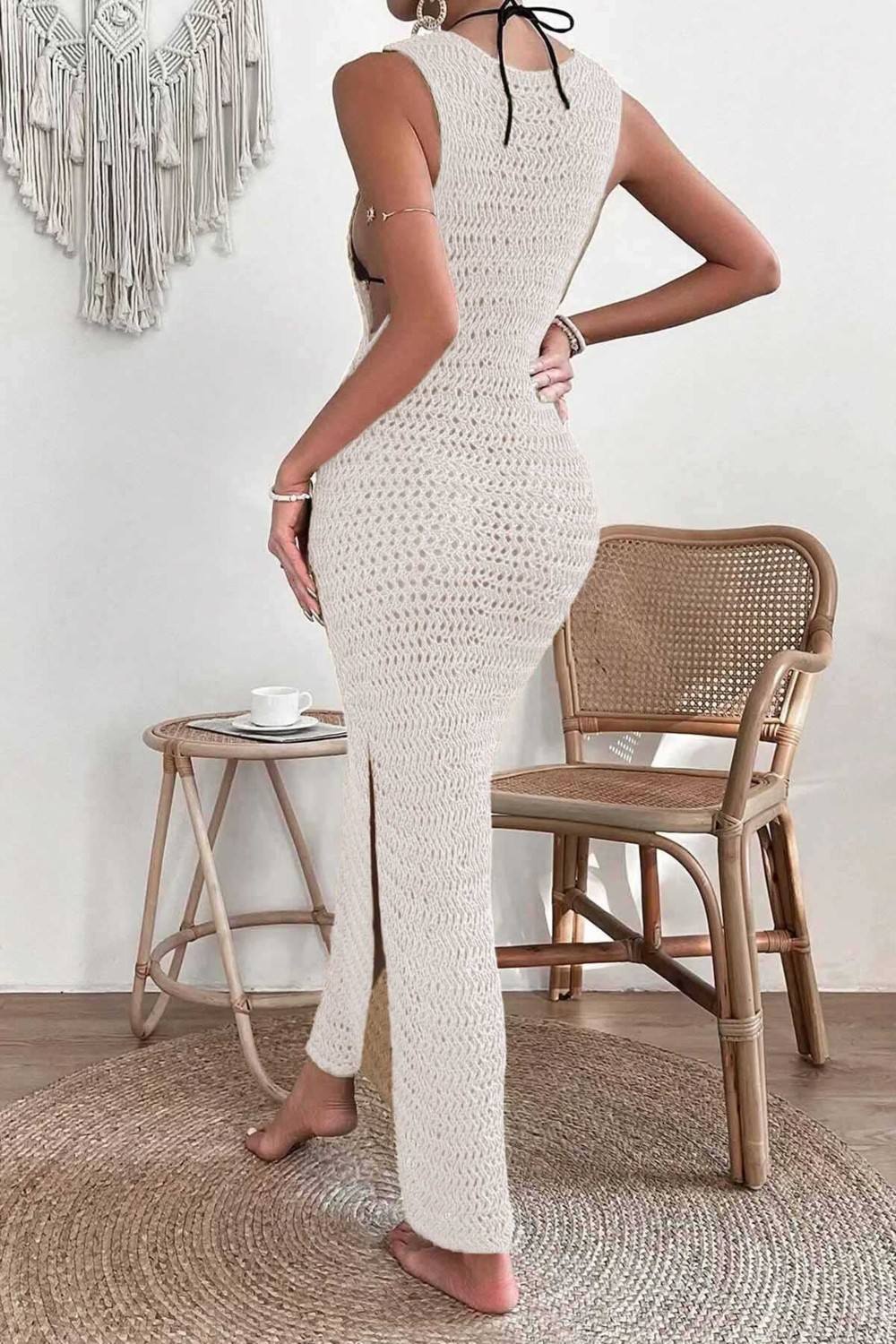 Angelsin Şık Örme Yırtmaçlı Pareo Plaj Elbisesi Kimono görsel 2