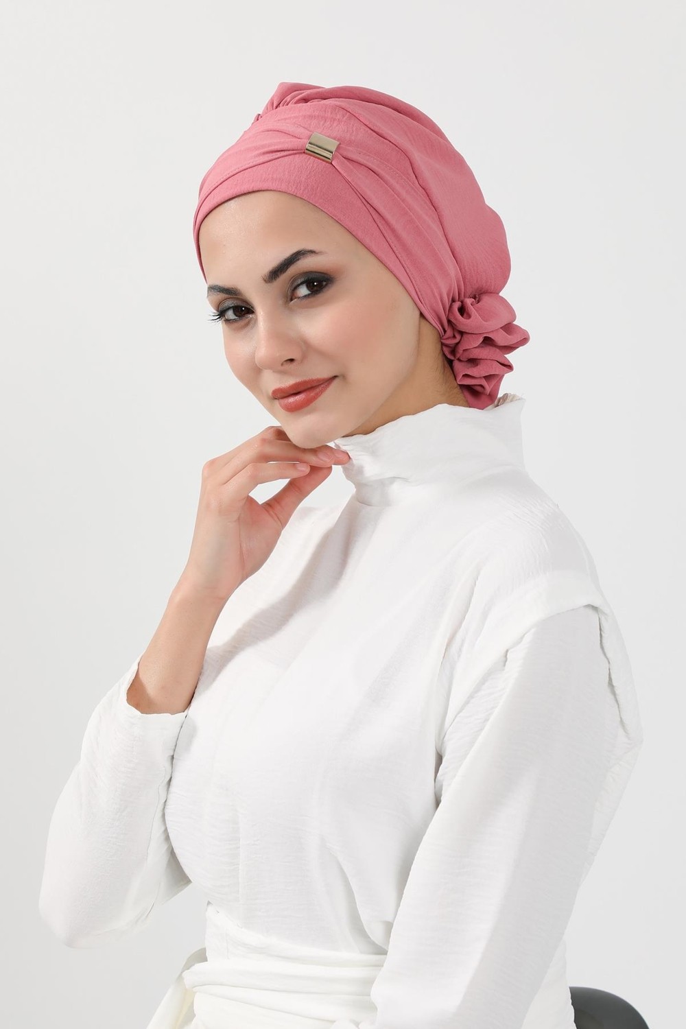 Ayşe Tasarım Aksesuarlı Hazır Türban,Koyu Pembe,HT-95 görsel 2