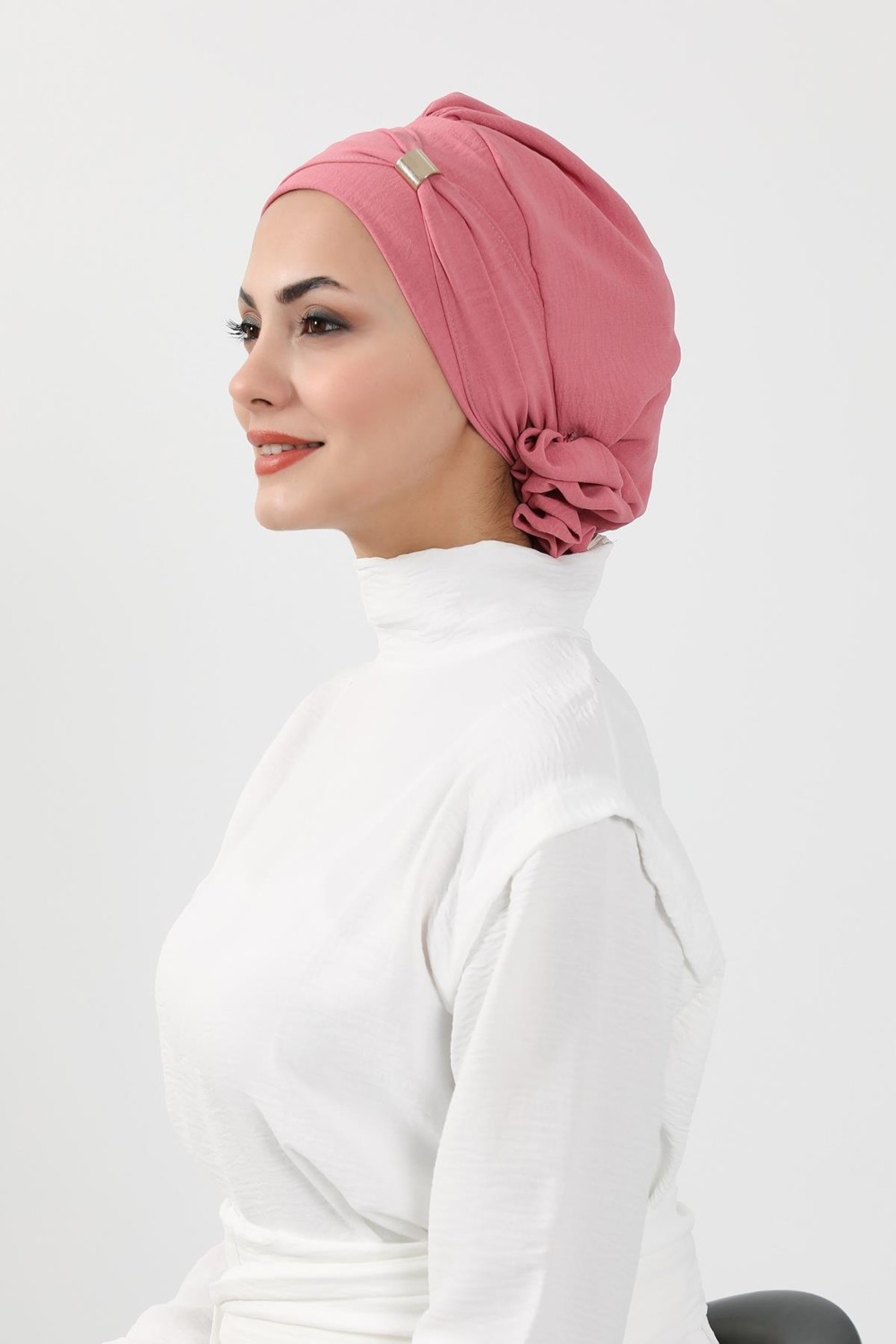 Ayşe Tasarım Aksesuarlı Hazır Türban,Koyu Pembe,HT-95 görsel 3