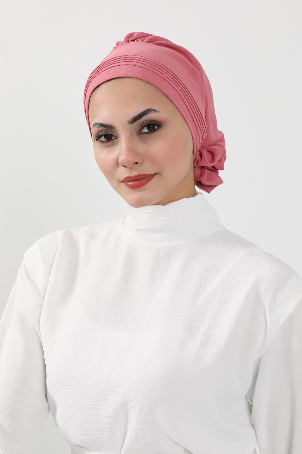 Ayşe Tasarım Dikişli Pileli Hazır Türban,Koyu Pembe,HT-31A