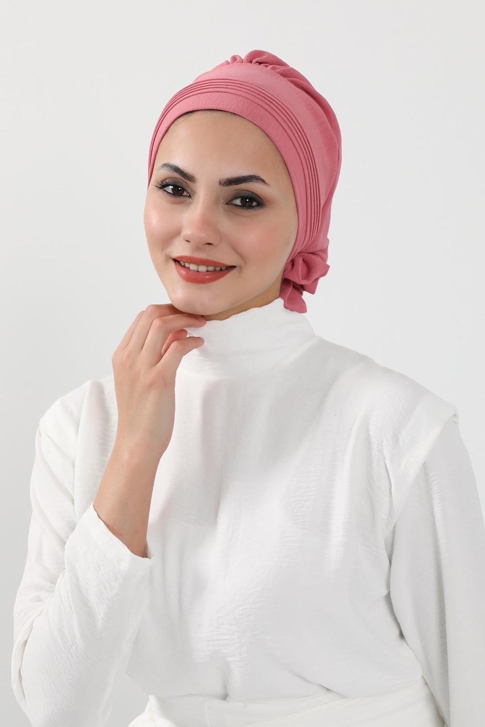 Ayşe Tasarım Dikişli Pileli Hazır Türban,Koyu Pembe,HT-31A görsel 2