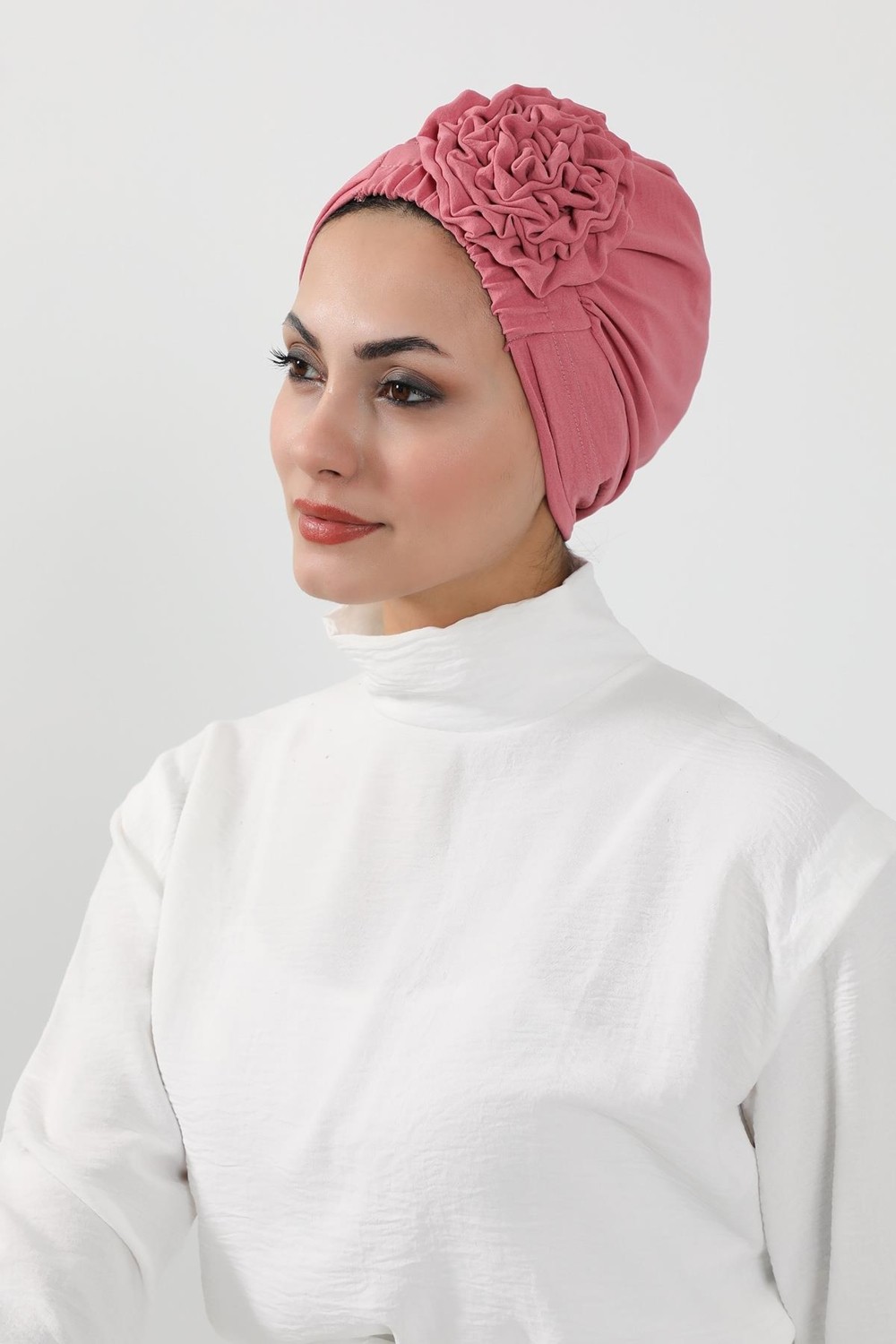 Ayşe Tasarım Dikişli Pileli Hazır Türban,Koyu Pembe,HT-31A görsel 4