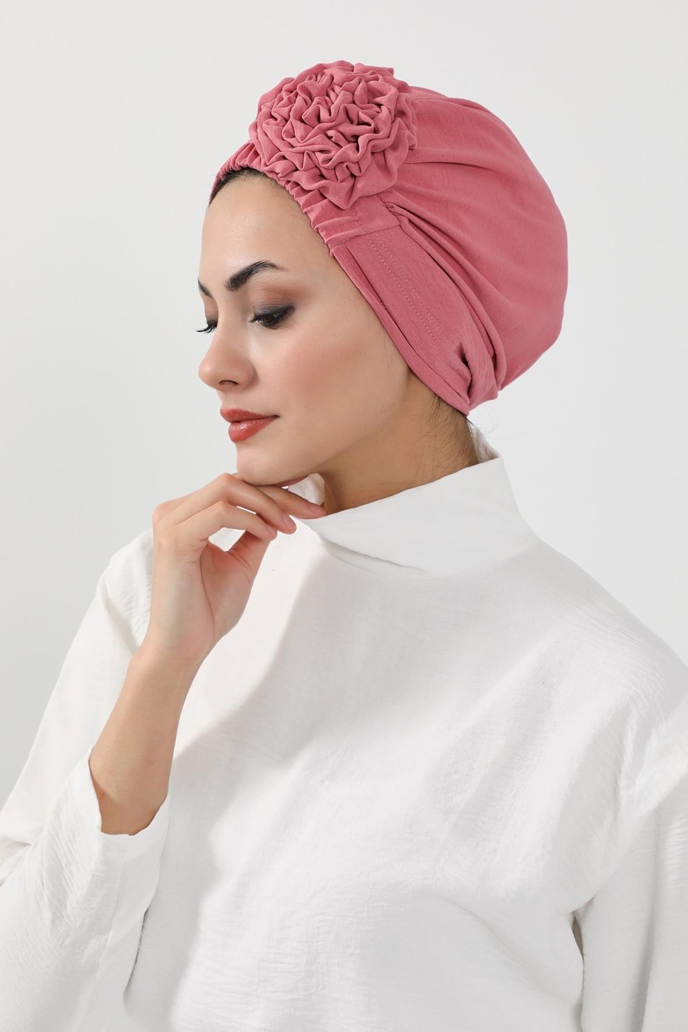 Ayşe Tasarım Dikişli Pileli Hazır Türban,Koyu Pembe,HT-31A görsel 5
