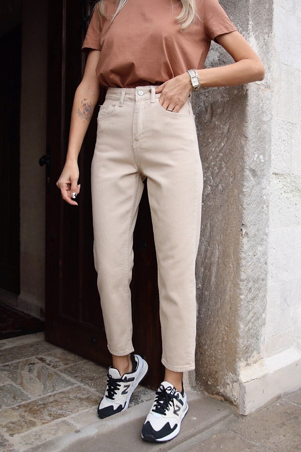 ByCukurovaFrango Yüksek Bel Bej Rengi Mom Jeans Likralı Esnek Kot Pantolon görsel 7