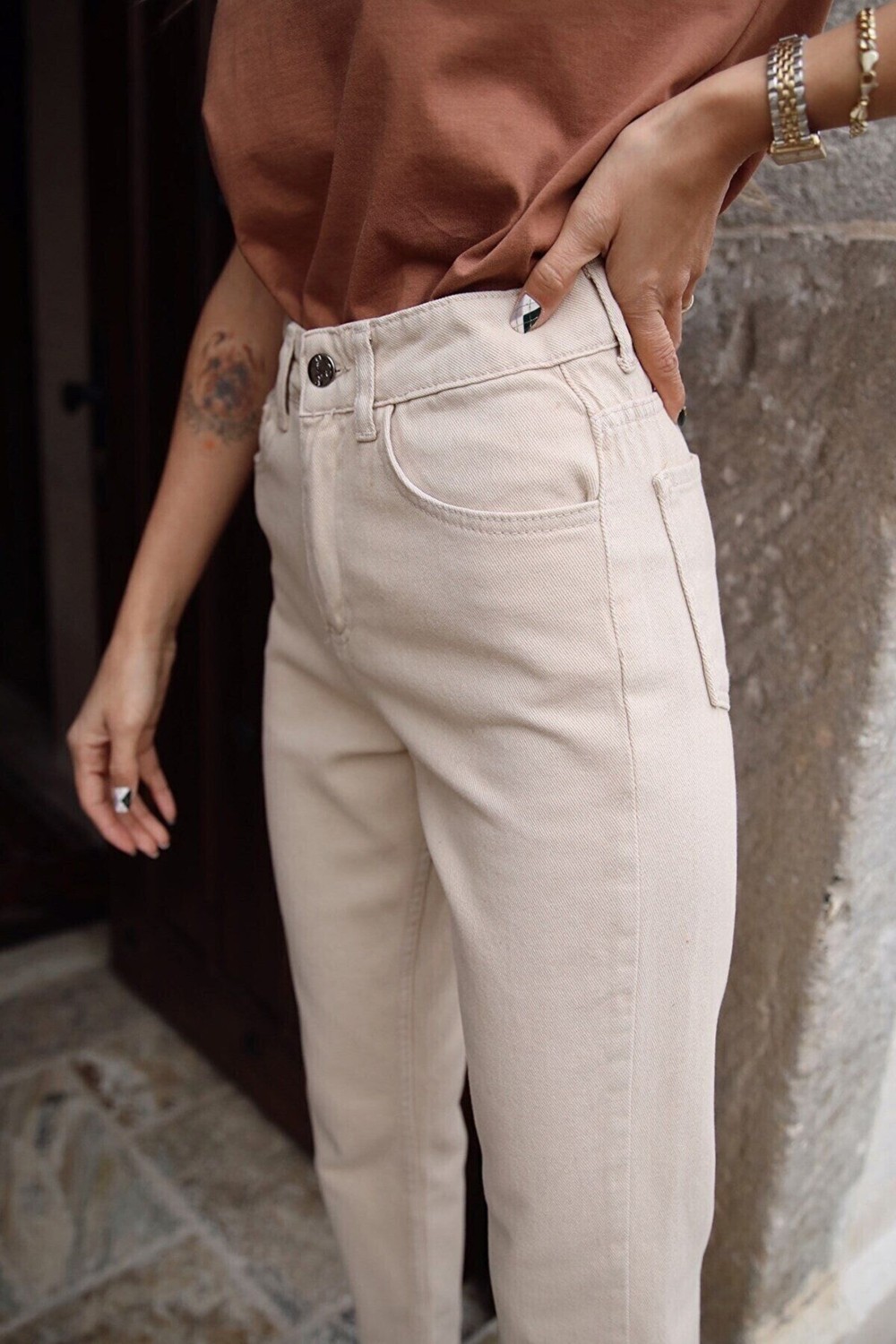 ByCukurovaFrango Yüksek Bel Bej Rengi Mom Jeans Likralı Esnek Kot Pantolon görsel 8