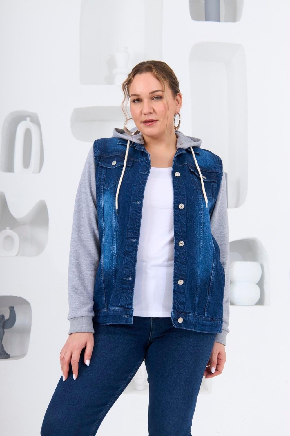 Imagine Giyim Içlik Detaylı Kadın Büyük Beden Mavi Ceket - Şık ve Rahat Denim Ceket görsel 2