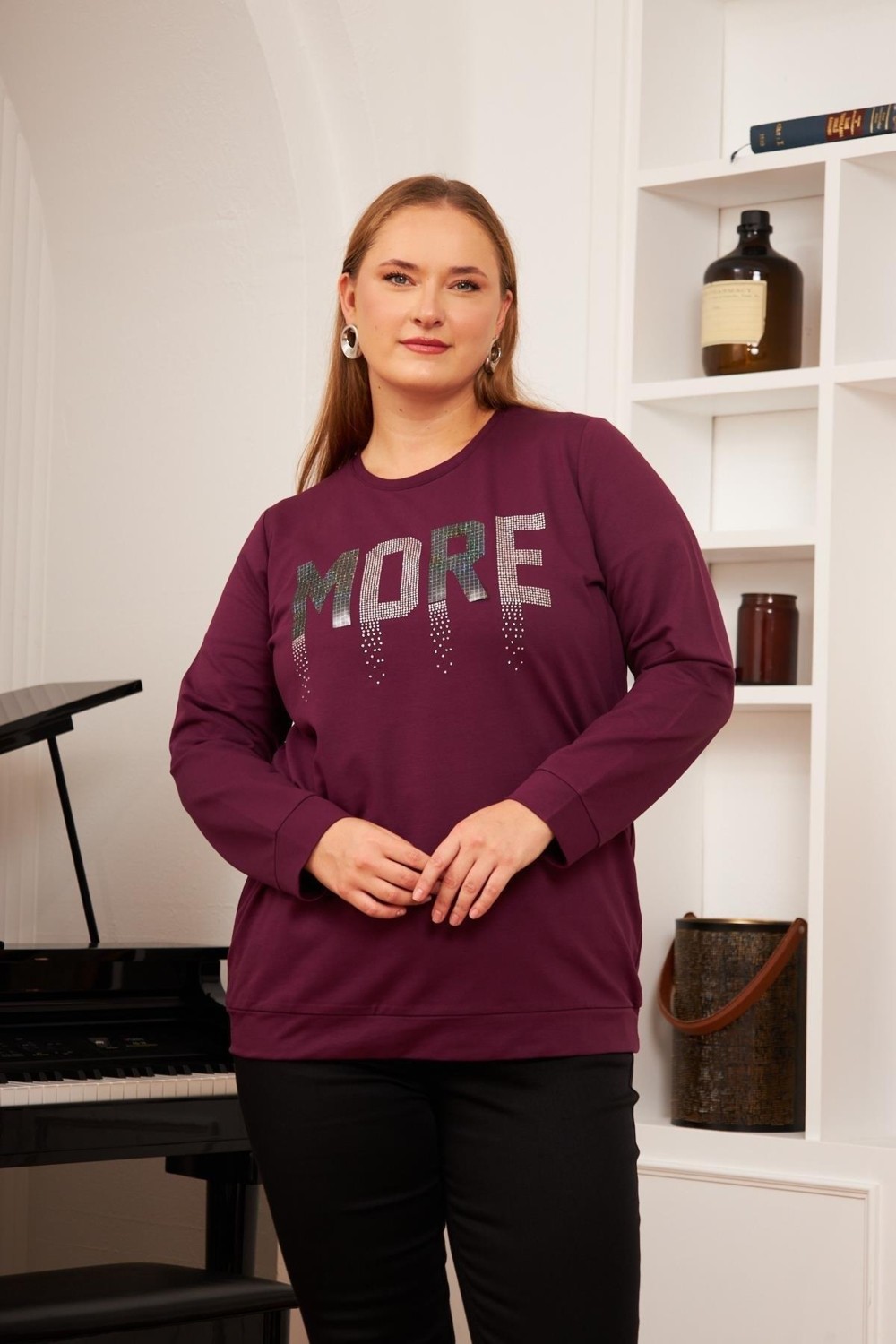 Imagine Giyim Büyük Beden Kadın Bisiklet Yaka, Taş Baskılı Koyu Mor Sweatshirt, Geniş Kalıp Şık Pamuklu Tasarım