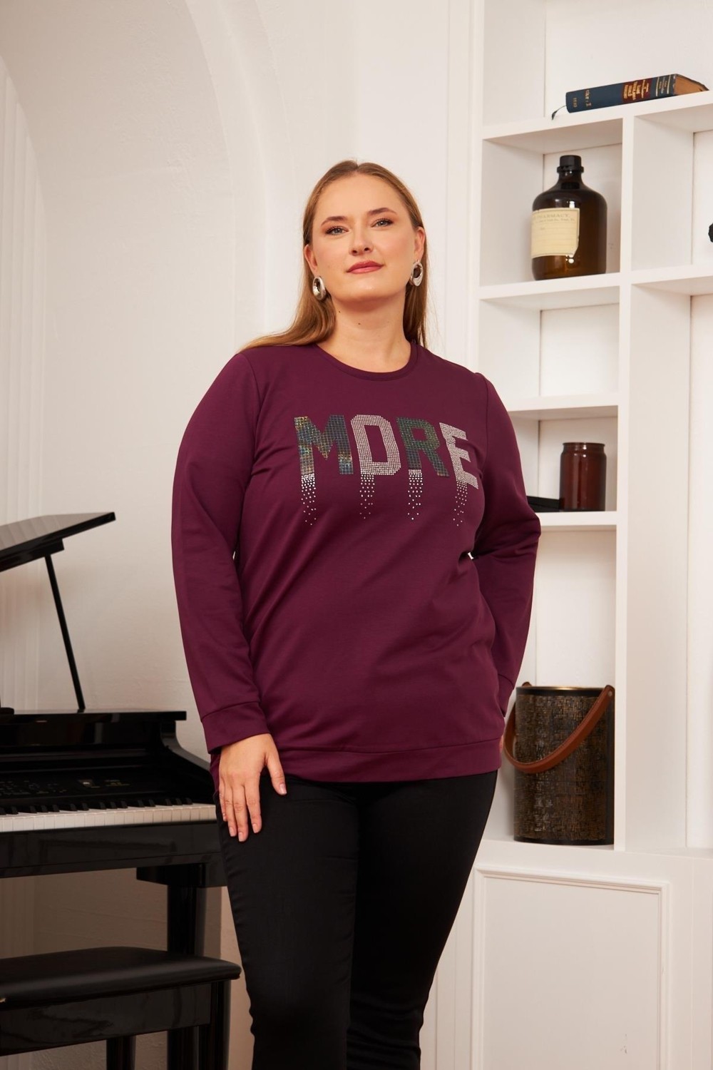 Imagine Giyim Büyük Beden Kadın Bisiklet Yaka, Taş Baskılı Koyu Mor Sweatshirt, Geniş Kalıp Şık Pamuklu Tasarım görsel 2