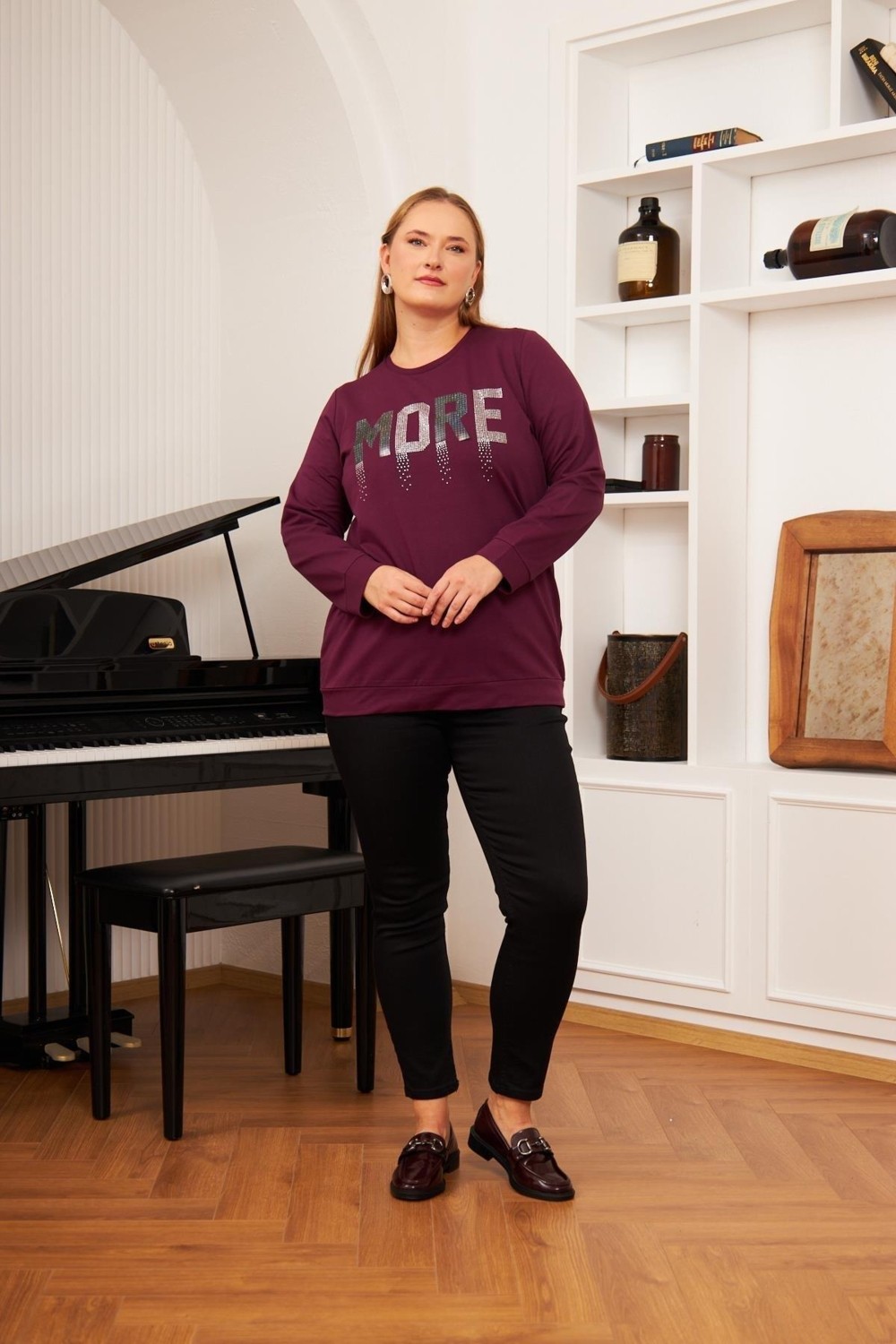 Imagine Giyim Büyük Beden Kadın Bisiklet Yaka, Taş Baskılı Koyu Mor Sweatshirt, Geniş Kalıp Şık Pamuklu Tasarım görsel 5