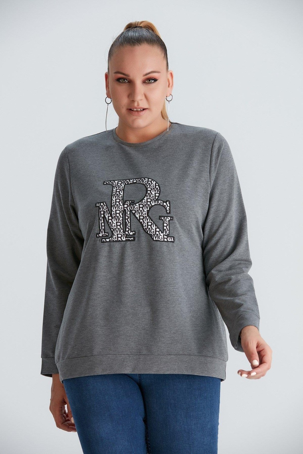 Imagine Giyim Baskılı Nakış Detaylı Büyük Beden Sweatshirt