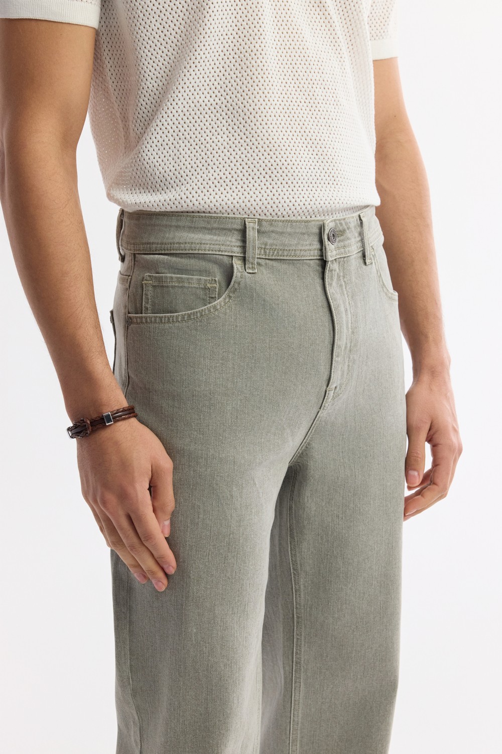 AVVA Erkek Haki Klasik Bel %100 Pamuk Eskitme Yıkamalı Tokyo Straight Fit Jean Pantolon A51Y3542 görsel 4