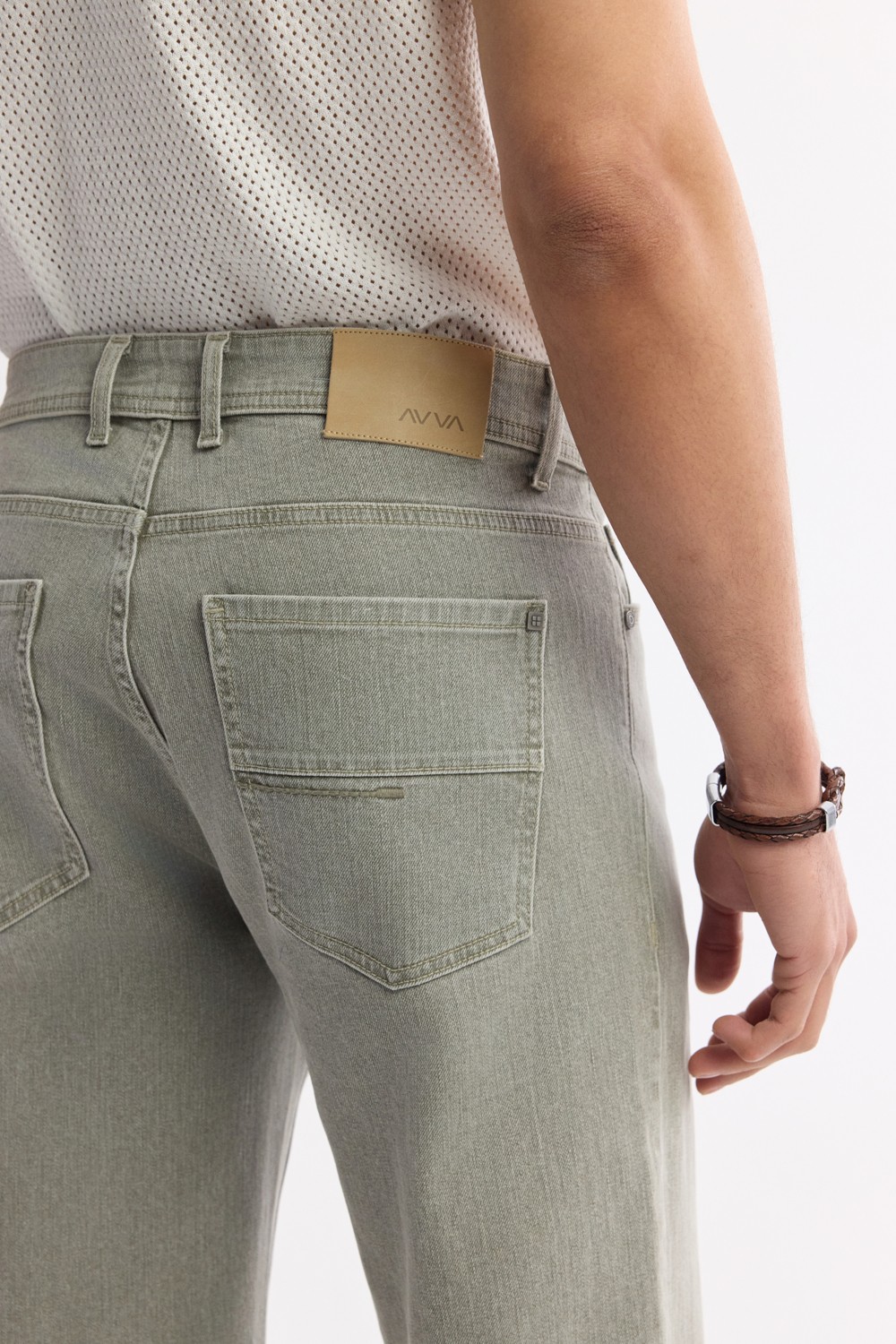 AVVA Erkek Haki Klasik Bel %100 Pamuk Eskitme Yıkamalı Tokyo Straight Fit Jean Pantolon A51Y3542 görsel 5