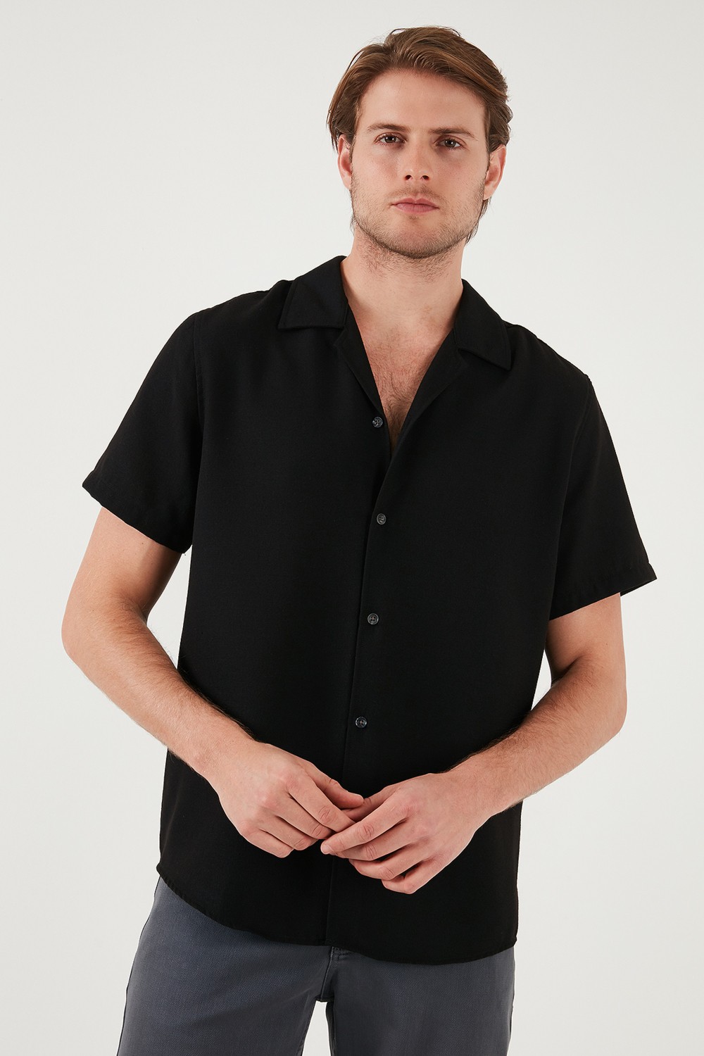 Buratti Keten Görünümlü Kısa Kollu Apaş Yaka Regular Fit Gömlek Erkek GÖMLEK CF23S116775 görsel 4