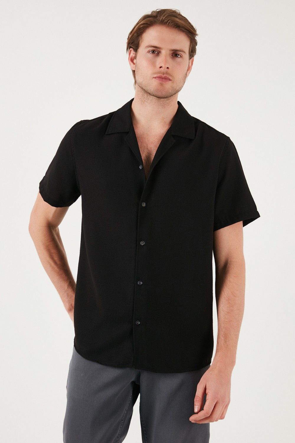 Buratti Keten Görünümlü Kısa Kollu Apaş Yaka Regular Fit Gömlek Erkek GÖMLEK CF23S116775 görsel 5