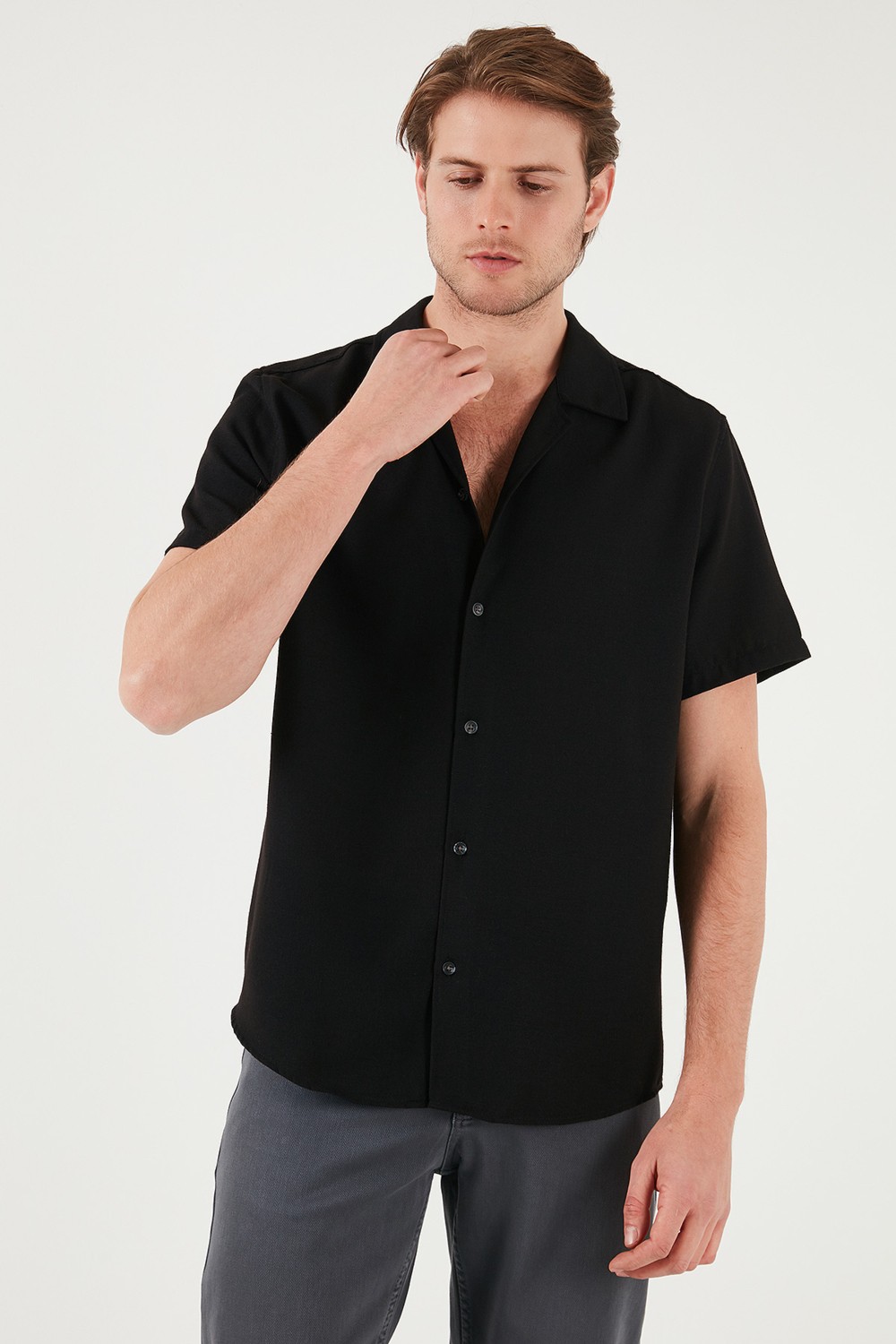 Buratti Keten Görünümlü Kısa Kollu Apaş Yaka Regular Fit Gömlek Erkek GÖMLEK CF23S116775 görsel 6