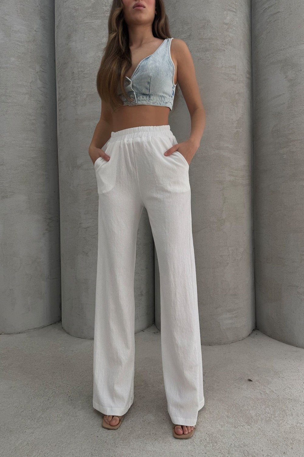 Lesa Wear Yumuşacık Yüksel Bel Geniş Paça Likralı Jarse Pantolon Flared