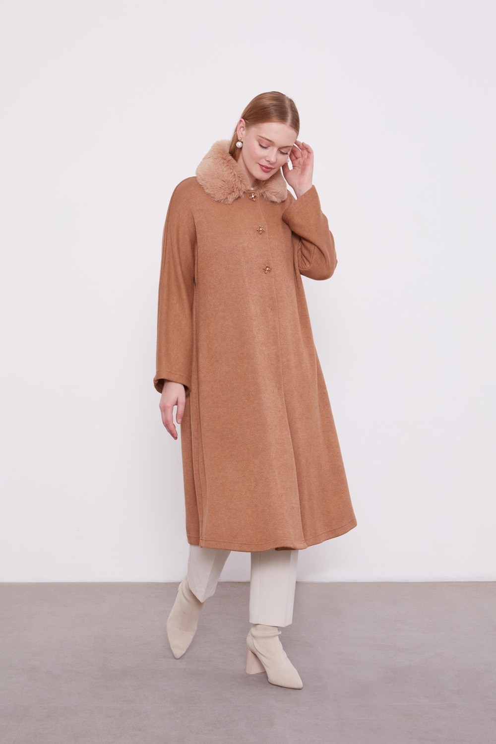 Lêvi D'or Camel Yakası Kürklü Kaşmir Hırka