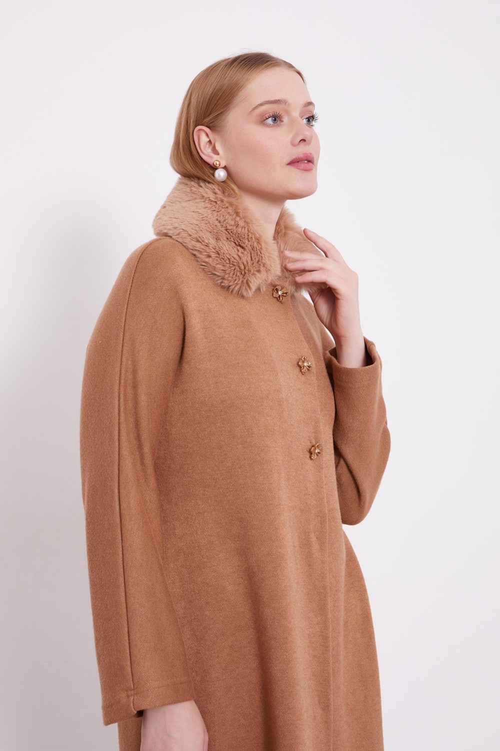 Lêvi D'or Camel Yakası Kürklü Kaşmir Hırka görsel 4