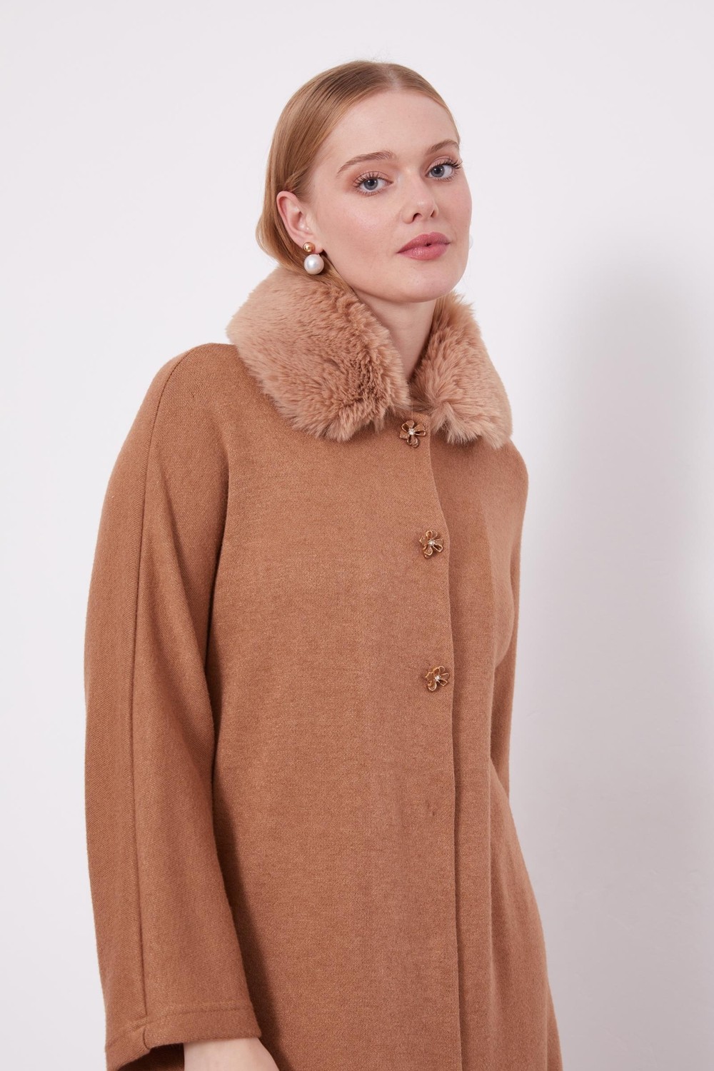 Lêvi D'or Camel Yakası Kürklü Kaşmir Hırka görsel 5