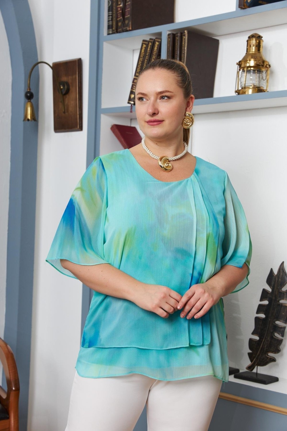 Rmg Batik Desenli Pileli Büyük Beden Şifon Bluz Yeşil